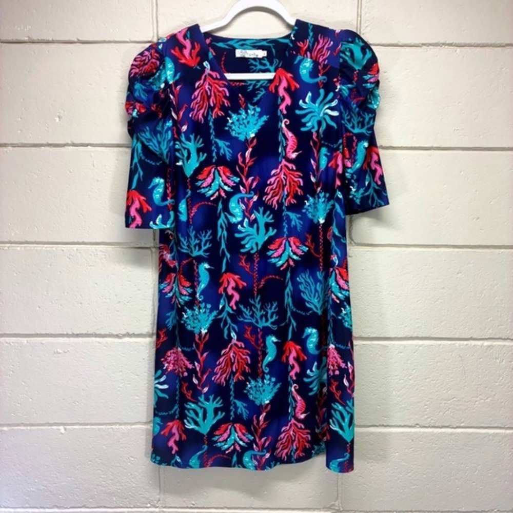 Aryeh Navy Mini Dress with Teal and Coral Print
